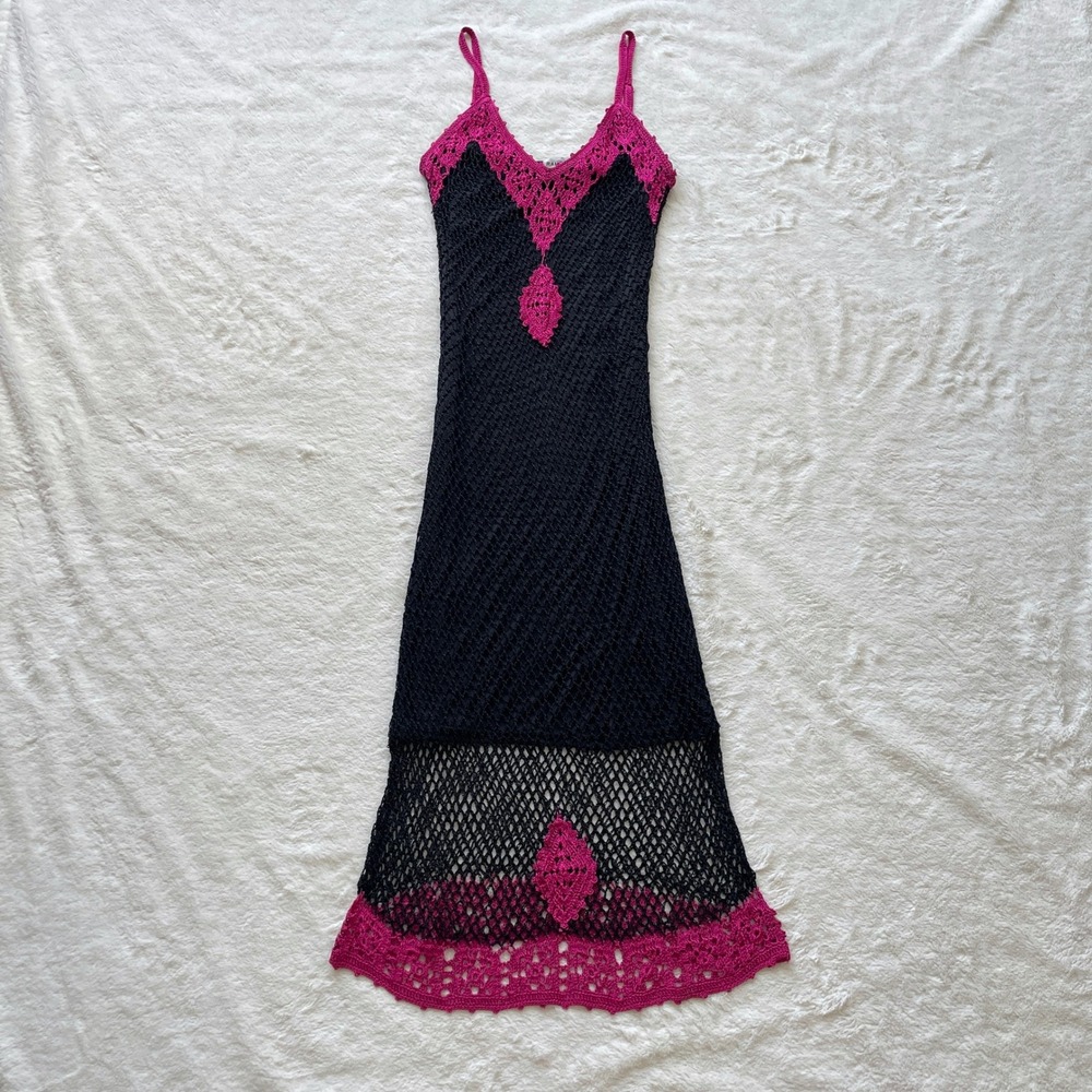 Rampage Womens Y2K Crochet Maxi Dress Black Pink Open Knit Boho Lined Medium